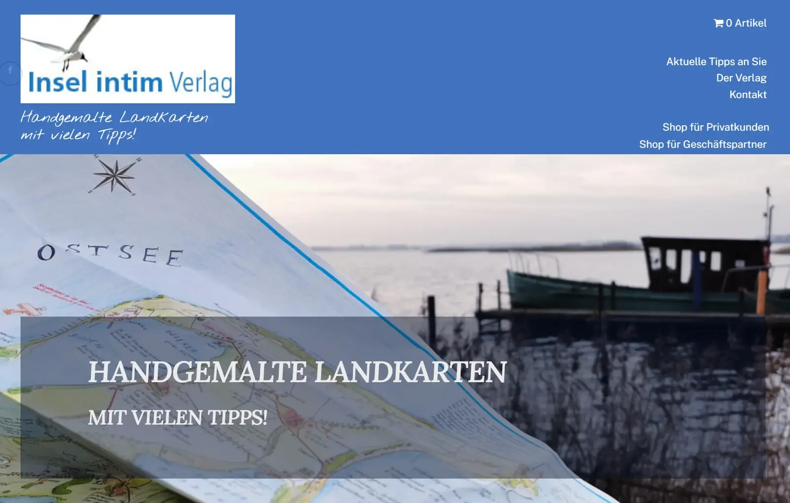 Screenshot der Insiderkarten Website des Insel intim Verlags mit Landkarten und Shopzugängen.