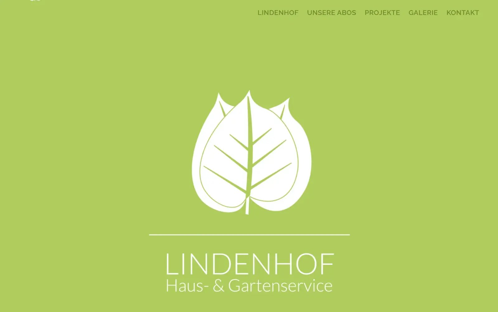 Screenshot der Lindenhof Service Website mit grünem Einstieg, Blattlogo und Navigation.