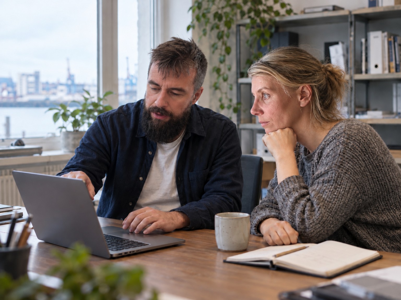 Kai und Diana besprechen in einer bearbeiteten Szene eine Computereinrichtung am Laptop.