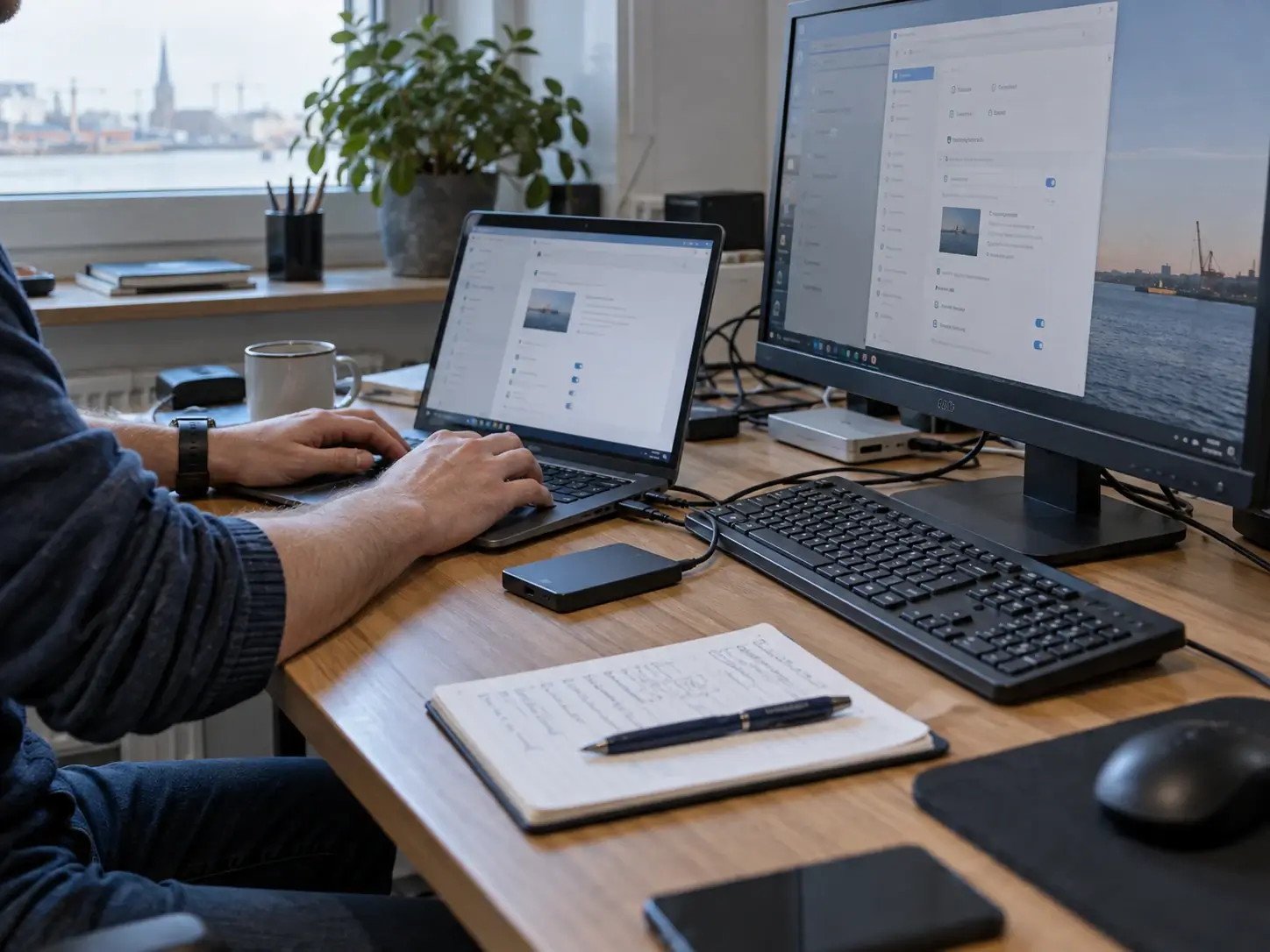 Ein Computer wird an einem alltäglichen Büroarbeitsplatz eingerichtet.