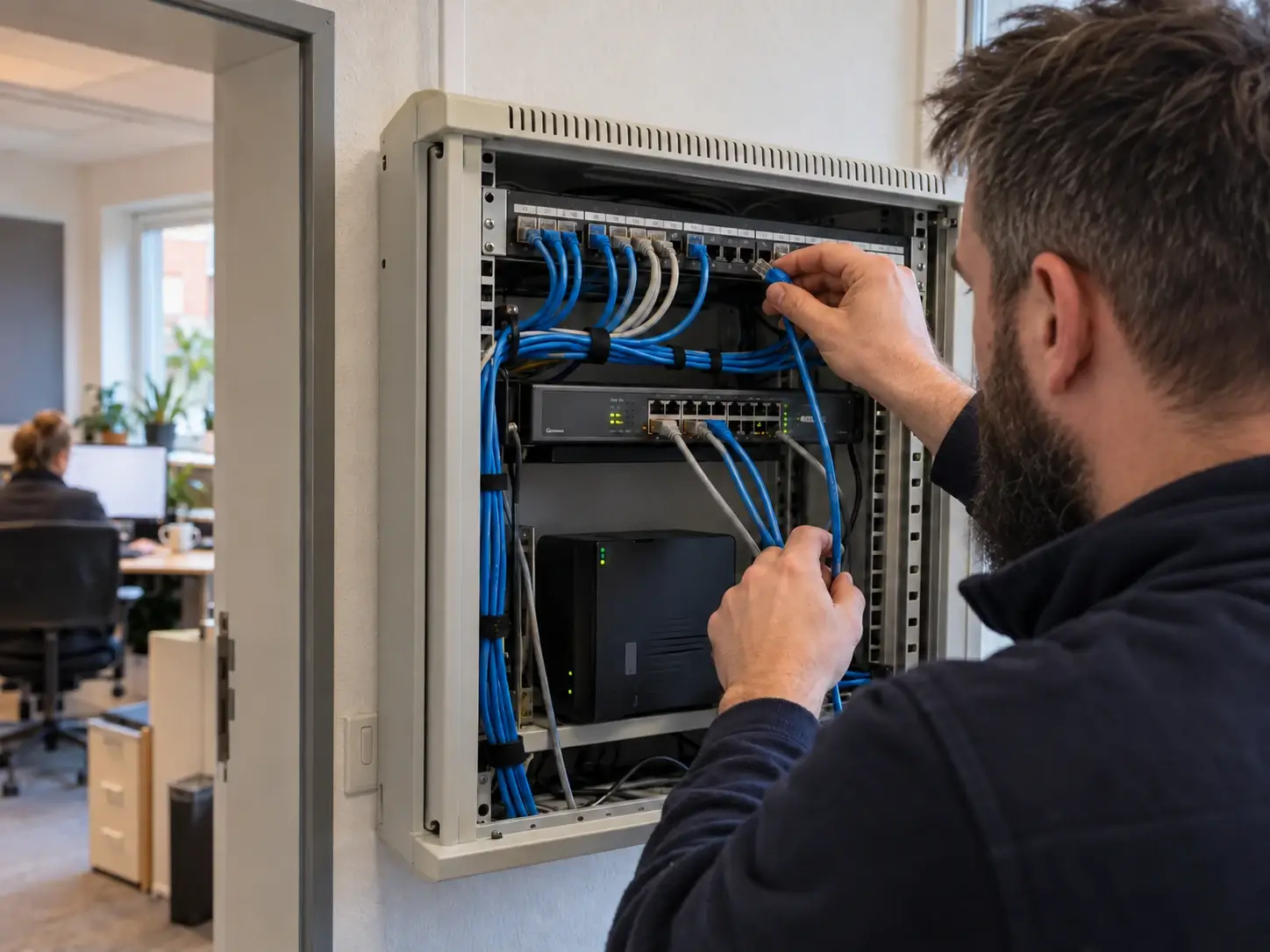 Kai schließt in einer bearbeiteten Szene ein Netzwerkkabel an einem Patchpanel an.