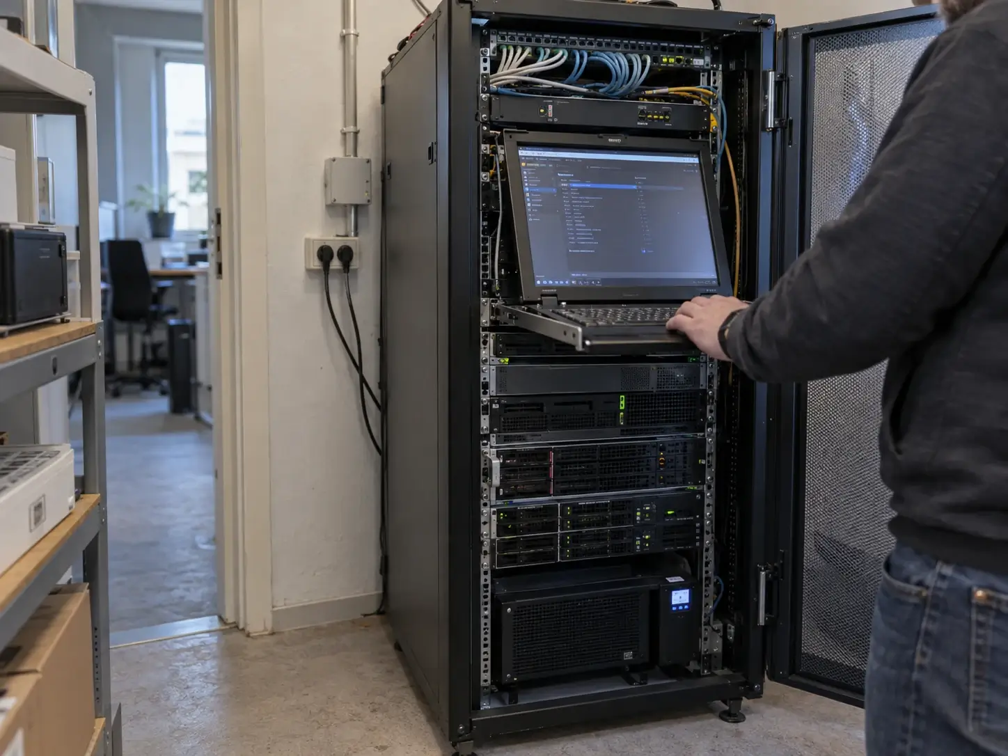 Ein kompakter Serverschrank wird in einem kleinen Technikraum geprüft.